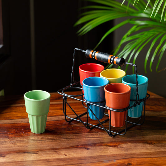 Pastel Punch Tea and Coffee Glass Set with Holder – A Burst of Artisanal Joy - Set of 6