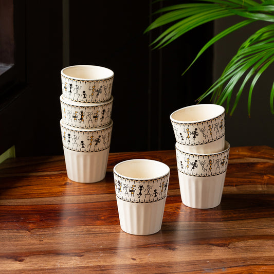 Whispers of Warli – Handcrafted Ceramic Tea and Coffee Glasses (Set of 6)