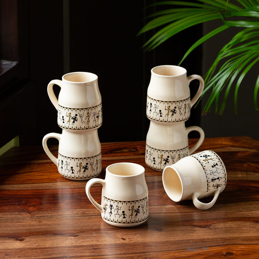 Whispers of Warli – Handcrafted Ceramic Tea & Coffee Cups (Set of 6)