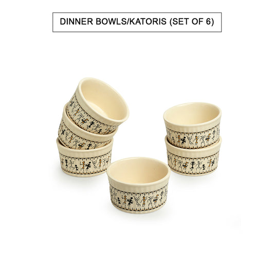 Whispers of Warli Handcrafted Ceramic Dinner Bowls/Katoris (Set of 6, 180 ML)
