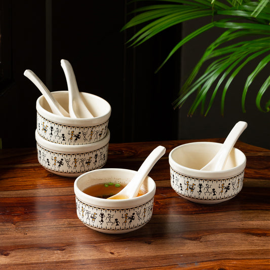 'Whispers of Warli' Handcrafted Ceramic Soup Bowl Set With Spoons (Set of 4, 300 ML, Microwave Safe)