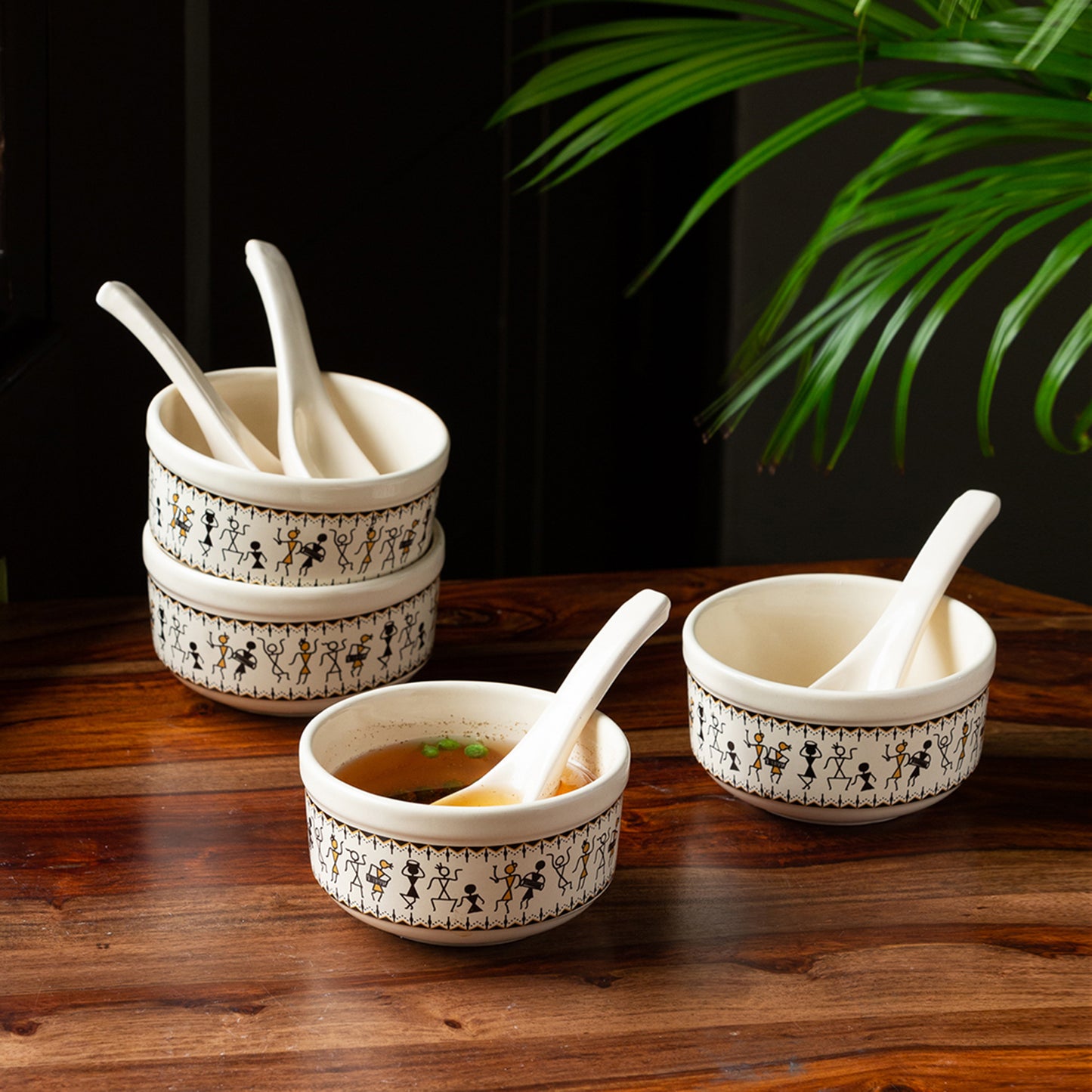 'Whispers of Warli' Handcrafted Ceramic Soup Bowl Set With Spoons (Set of 4, 300 ML, Microwave Safe)