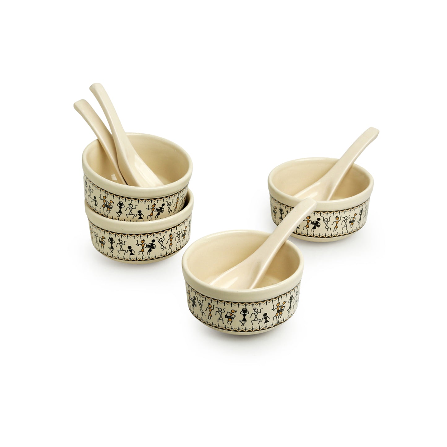 'Whispers of Warli' Handcrafted Ceramic Soup Bowl Set With Spoons (Set of 4, 300 ML, Microwave Safe)