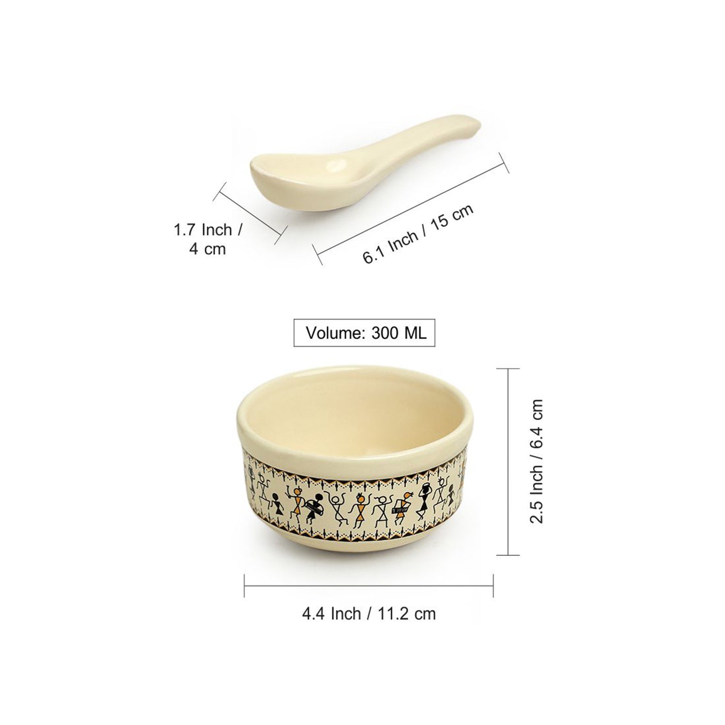 'Whispers of Warli' Handcrafted Ceramic Soup Bowl Set With Spoons (Set of 4, 300 ML, Microwave Safe)