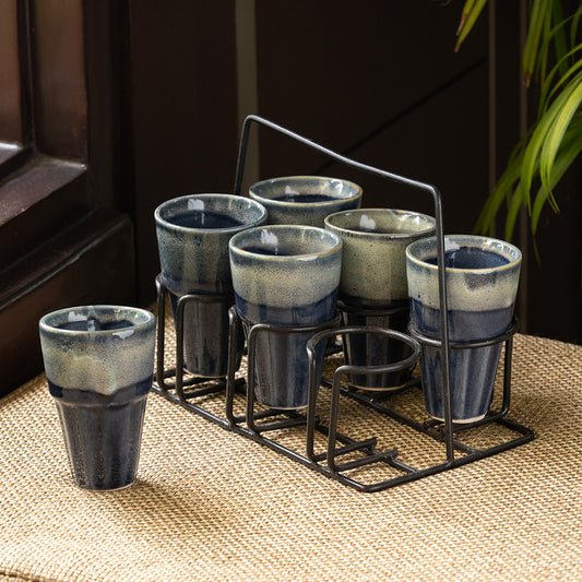 Buzzing Blues Tea and Coffee Glass Set with Iron Holder - Set of 6
