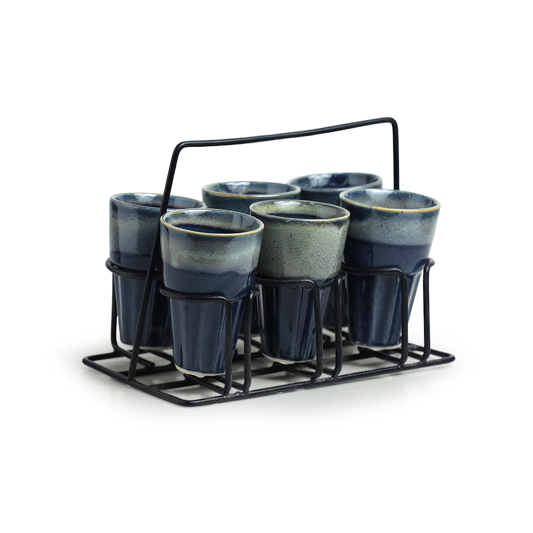 Buzzing Blues Tea and Coffee Glass Set with Iron Holder - Set of 6
