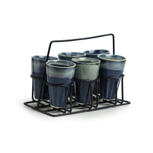 Buzzing Blues Tea and Coffee Glass Set with Iron Holder - Set of 6