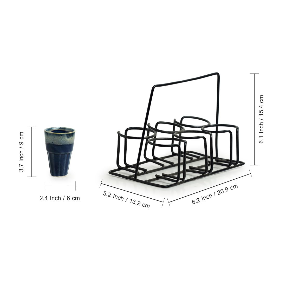 Buzzing Blues Tea and Coffee Glass Set with Iron Holder - Set of 6
