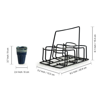 Buzzing Blues Tea and Coffee Glass Set with Iron Holder - Set of 6