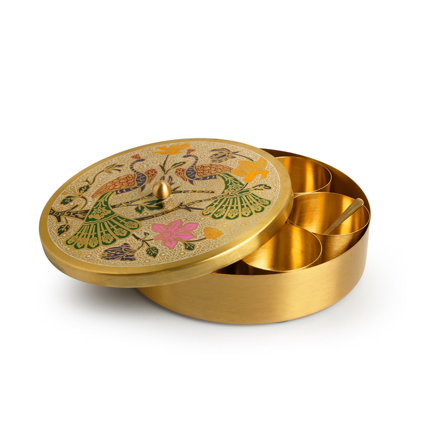 “The Royal Plumage” – Handpainted Brass Spice Box (7 Containers, 110 ml)