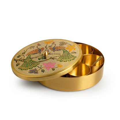 “The Royal Plumage” – Handpainted Brass Spice Box (7 Containers, 110 ml)