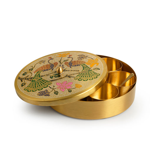 “The Royal Plumage” – Handpainted Brass Spice Box (7 Containers, 110 ml)