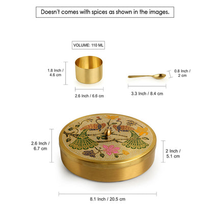 “The Royal Plumage” – Handpainted Brass Spice Box (7 Containers, 110 ml)