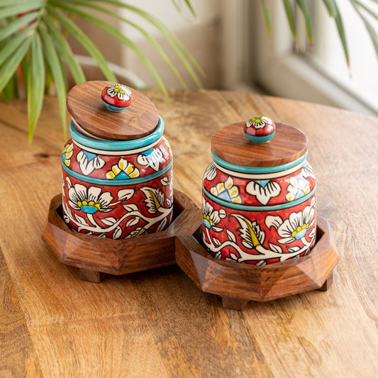 Mughal Elegance – Hand-Painted Ceramic Jar Set with Sheesham Tray (440 ml x 2)