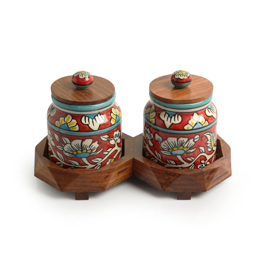 Mughal Elegance – Hand-Painted Ceramic Jar Set with Sheesham Tray (440 ml x 2)