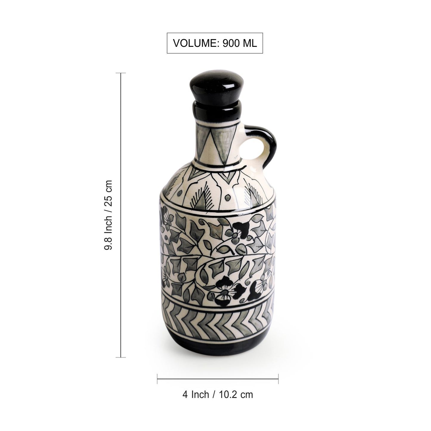 “Mughal Floral – Monochrome Elegance” Hand-Painted Ceramic Oil Bottle (900 ml, White & Black)