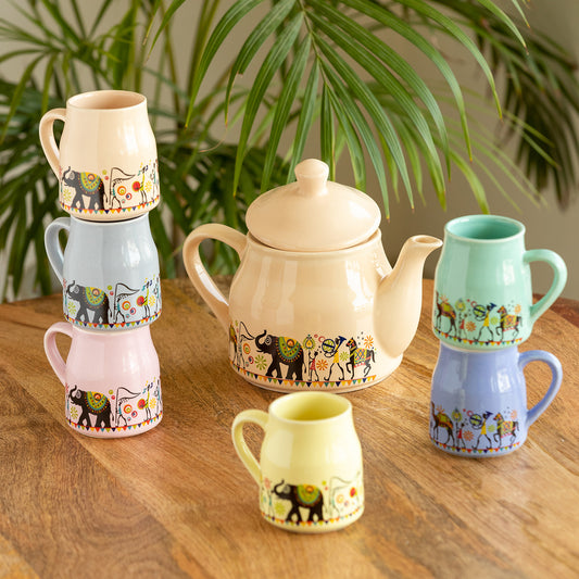 Elephant Motif Ceramic Tea Set (Kettle + 6 Cups)