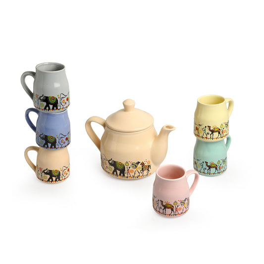 Elephant Motif Ceramic Tea Set (Kettle + 6 Cups)