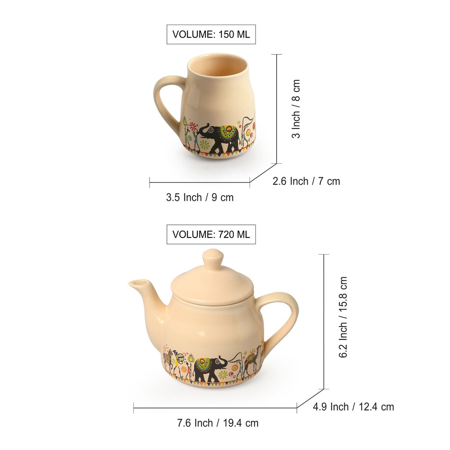 Elephant Motif Ceramic Tea Set (Kettle + 6 Cups)