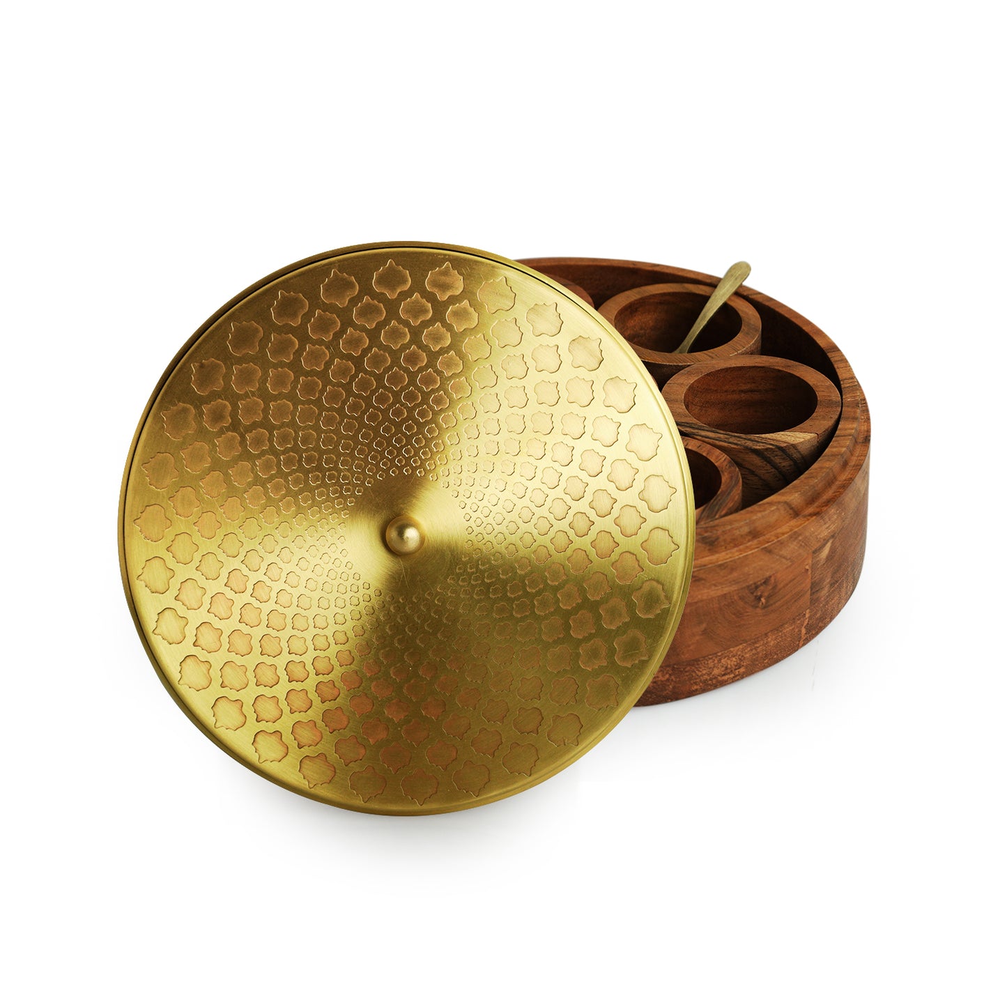 “Mughal Hand-Etched” Spice Box – 7 Brass-Lidded Containers in Acacia Wood (60 ml Each)