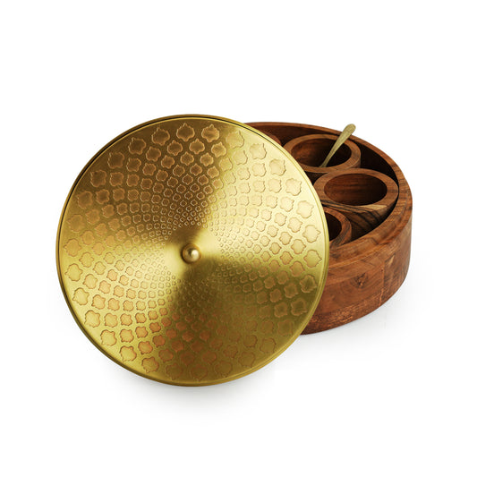 “Mughal Hand-Etched” Spice Box – 7 Brass-Lidded Containers in Acacia Wood (60 ml Each)