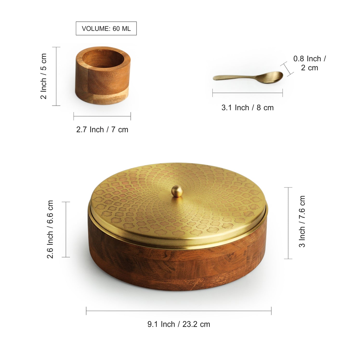 “Mughal Hand-Etched” Spice Box – 7 Brass-Lidded Containers in Acacia Wood (60 ml Each)