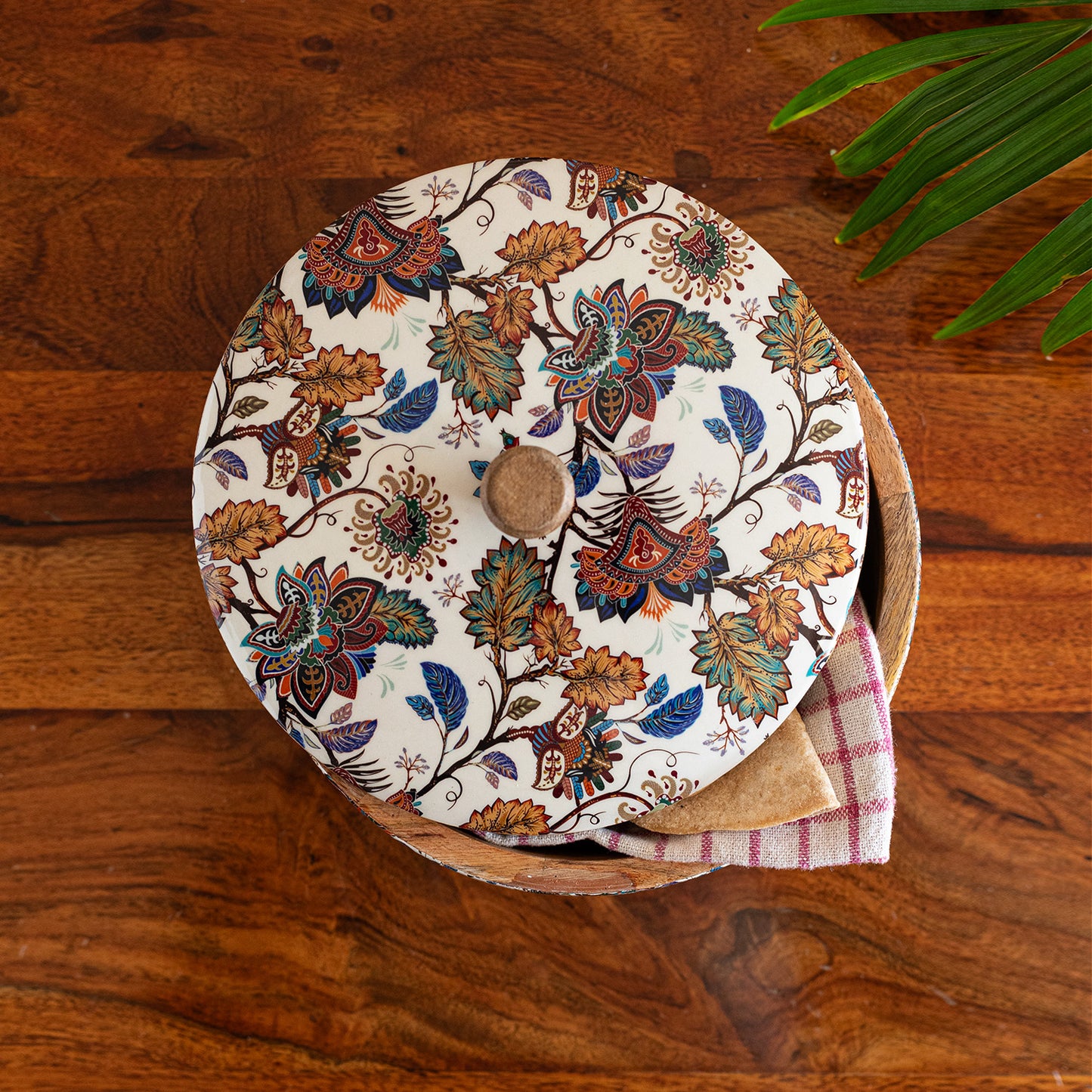 Floral Chronicles – Hand-Enamelled Chapati Box with Lid (1140 ml | Mango Wood | Handcrafted)