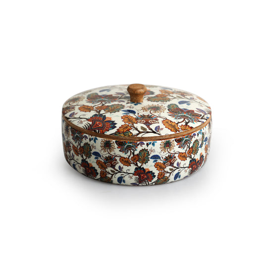 Floral Chronicles – Hand-Enamelled Chapati Box with Lid (1140 ml | Mango Wood | Handcrafted)