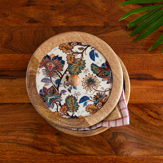 Floral Chronicles' Hand-Enamelled bread Box With Lid In Mango Wood