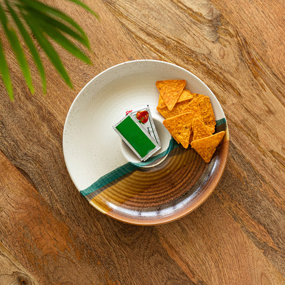 “Tranquil Trio” Hand-Etched Ceramic Chip-n-Dip Platter (25.7 cm, Microwave Safe)