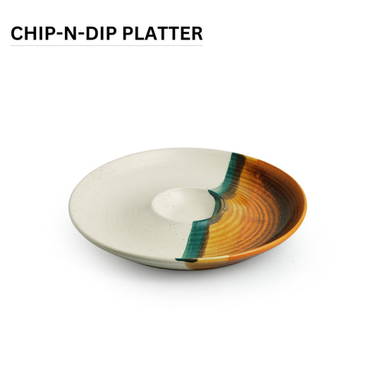 “Tranquil Trio” Hand-Etched Ceramic Chip-n-Dip Platter (25.7 cm, Microwave Safe)
