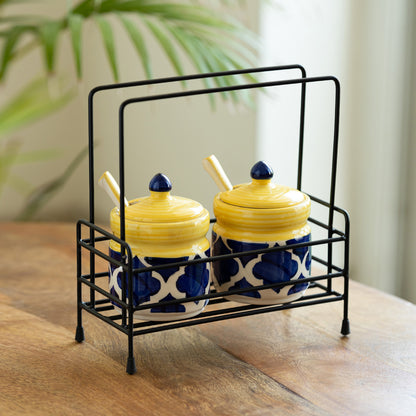 Moroccan Hand-Painted Ceramic Jam Jar Set With Spoons and Iron Caddy