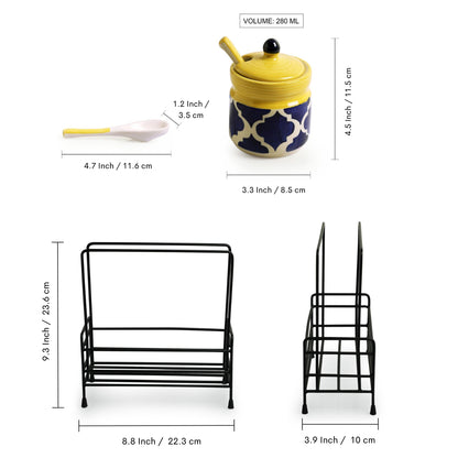 Moroccan Hand-Painted Ceramic Jam Jar Set With Spoons and Iron Caddy