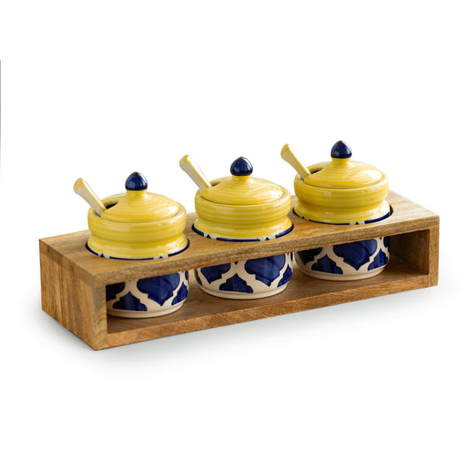 Moroccan Mosaics – Hand-Painted Ceramic Jar Trio with Spoons & Mango Wood Holder (280 ml x 3)