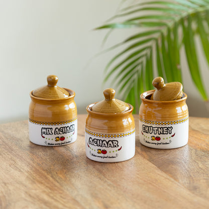 Multi-Purpose Ceramic Pickle & Condiment Jar Set (Set of 3, 280 ml)