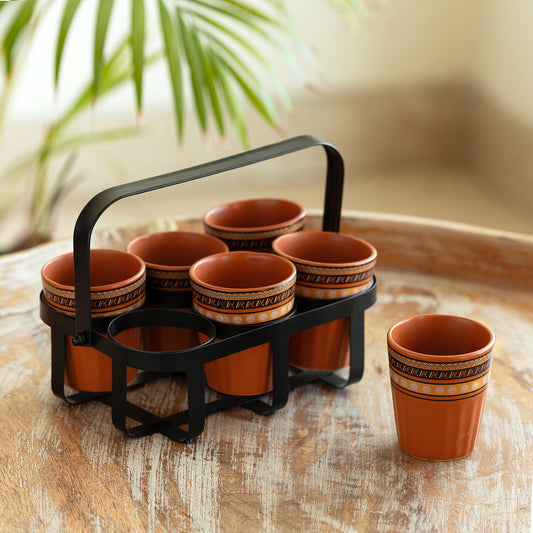 Geometric Handcrafted Tea and Coffee Glass Set with Iron Holder – Set of 6