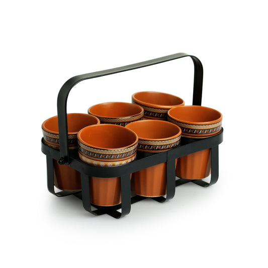 Geometric Handcrafted Tea and Coffee Glass Set with Iron Holder – Set of 6