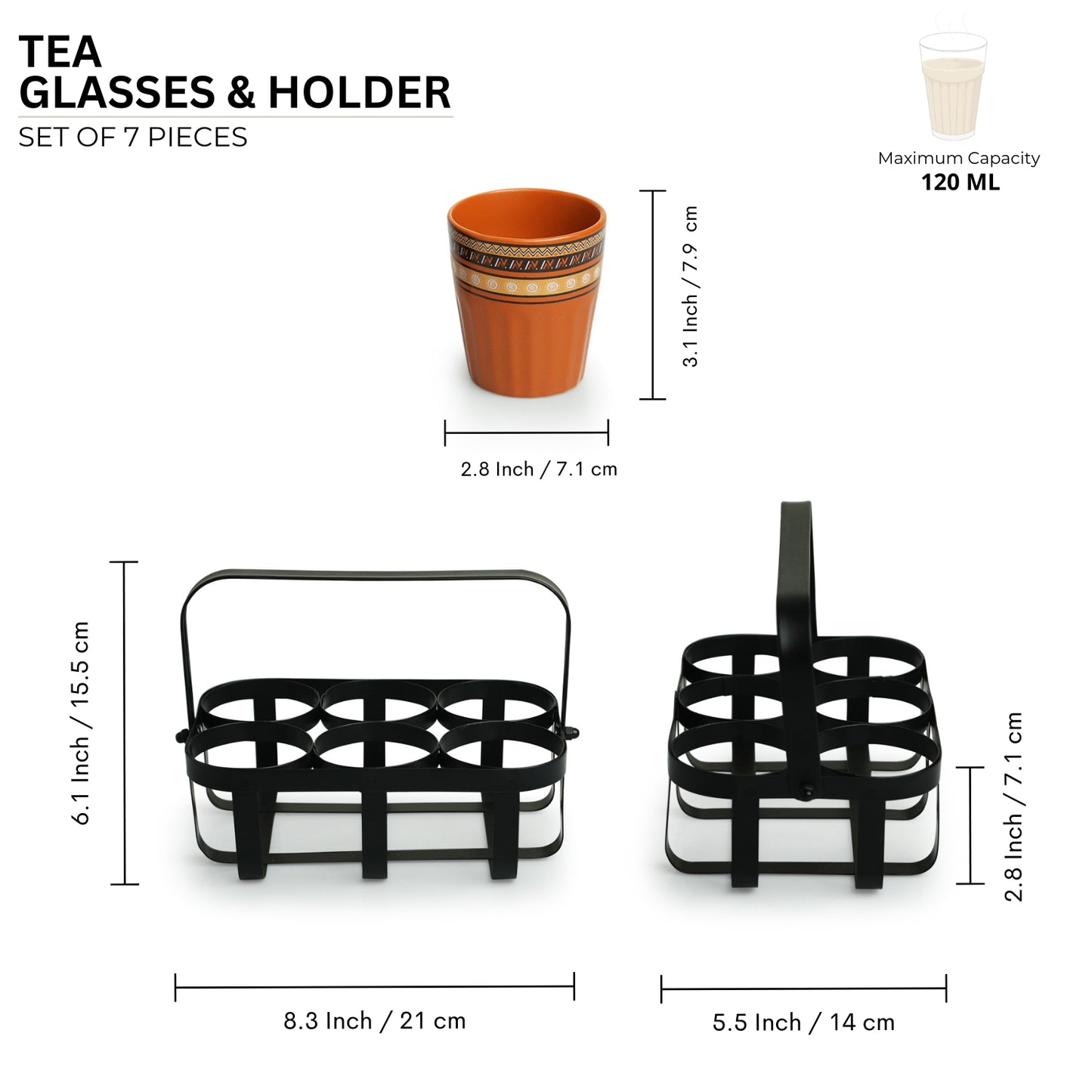 Geometric Handcrafted Tea and Coffee Glass Set with Iron Holder – Set of 6