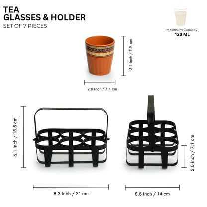 Geometric Handcrafted Tea and Coffee Glass Set with Iron Holder – Set of 6