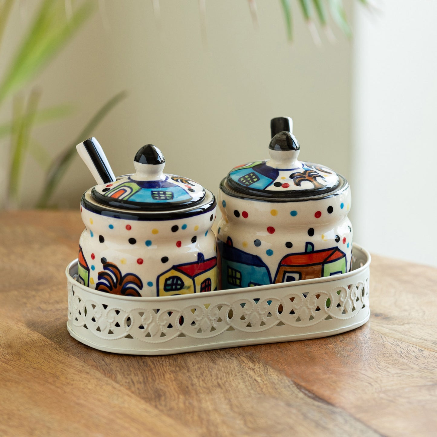 The Hut Duo – Hand-painted Ceramic Jar Set with Spoons & Iron Tray (280 ml x 2)