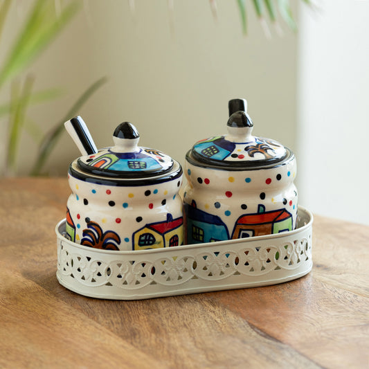 The Hut Duo – Hand-painted Ceramic Jar Set with Spoons & Iron Tray (280 ml x 2)