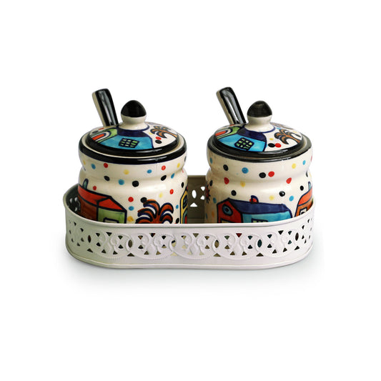 The Hut Duo – Hand-painted Ceramic Jar Set with Spoons & Iron Tray (280 ml x 2)