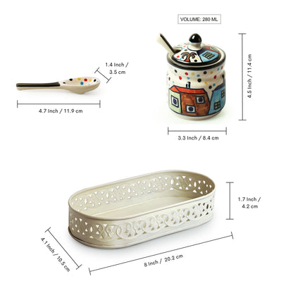 The Hut Duo – Hand-painted Ceramic Jar Set with Spoons & Iron Tray (280 ml x 2)