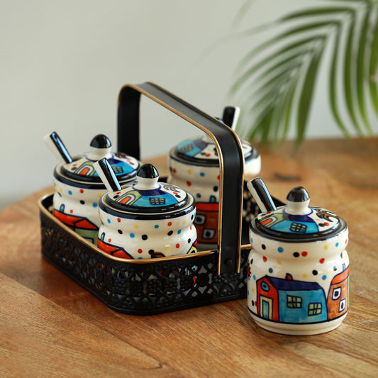 The Hut Quartet – Hand-Painted Ceramic Jar Set with Spoons & Iron Holder (280 ml x 4)