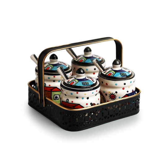 The Hut Quartet – Hand-Painted Ceramic Jar Set with Spoons & Iron Holder (280 ml x 4)
