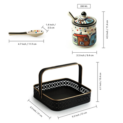 The Hut Quartet – Hand-Painted Ceramic Jar Set with Spoons & Iron Holder (280 ml x 4)