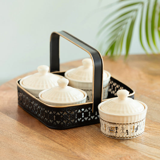 Whispers of Warli – Handcrafted Ceramic Pickle Jar Set with Iron Caddy (Set of 4, 160 ml)