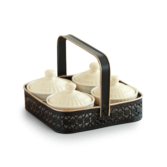 Whispers of Warli – Handcrafted Ceramic Pickle Jar Set with Iron Caddy (Set of 4, 160 ml)