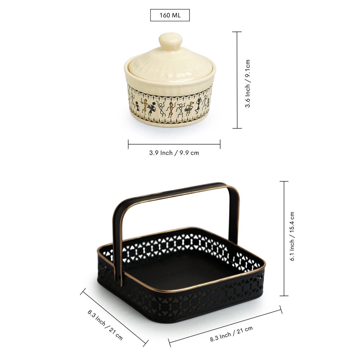 Whispers of Warli – Handcrafted Ceramic Pickle Jar Set with Iron Caddy (Set of 4, 160 ml)