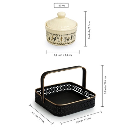 Whispers of Warli – Handcrafted Ceramic Pickle Jar Set with Iron Caddy (Set of 4, 160 ml)